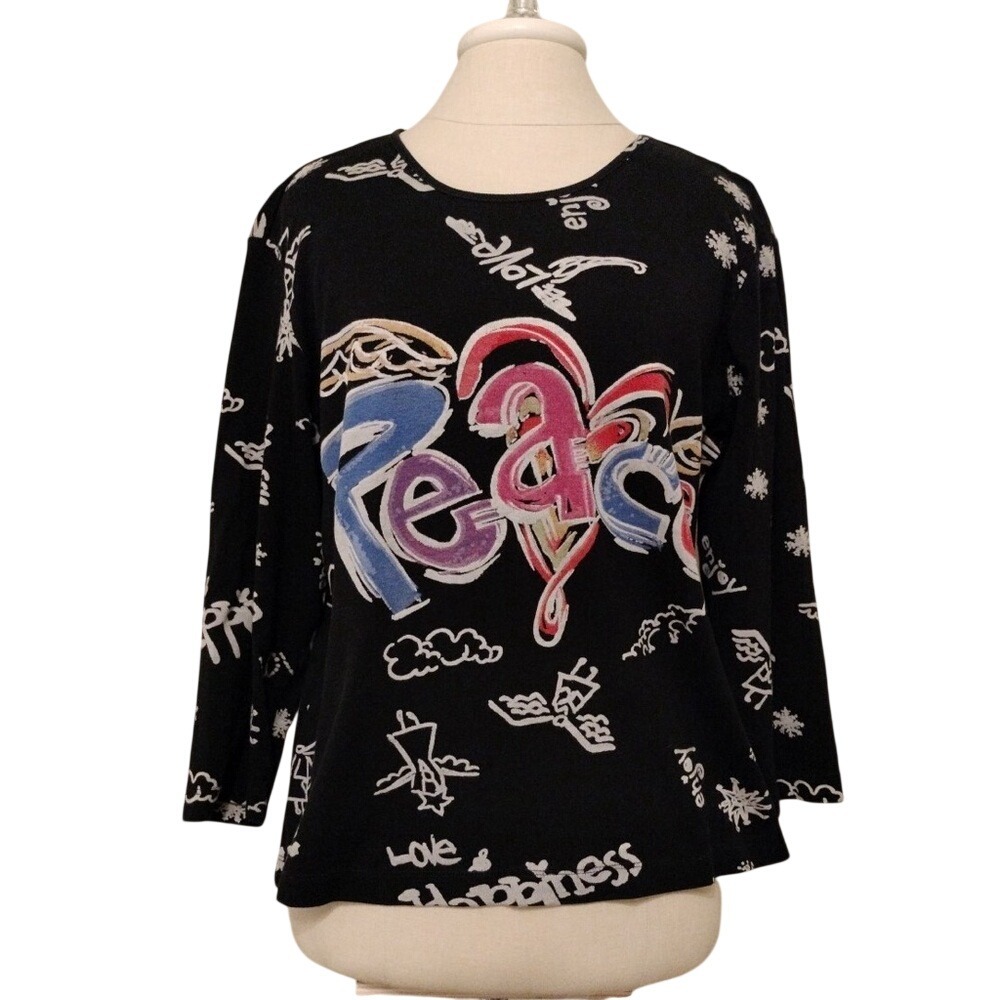 Chicos Vintage New Size 2 US L Cotton Black Peace Love Graphic 3/4 Sleeve Tee